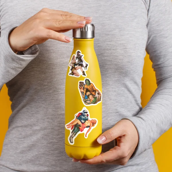 A sampling of stickers from the Vintage Sci-Fi Art sticker set stuck on a water bottle