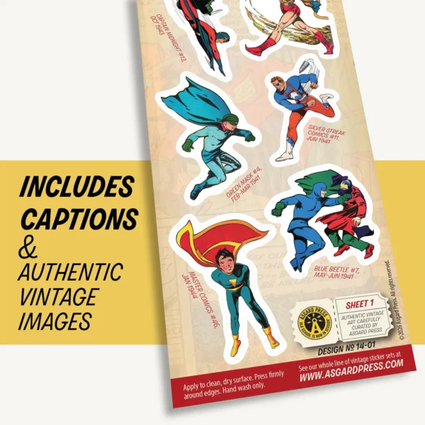 Graphic showing artwork of Vintage Superheroes sticker sheet and included captions