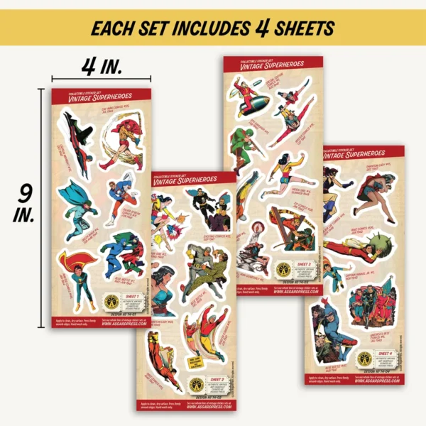 Four 4x9-inch sheets of Vintage Superheroes stickers