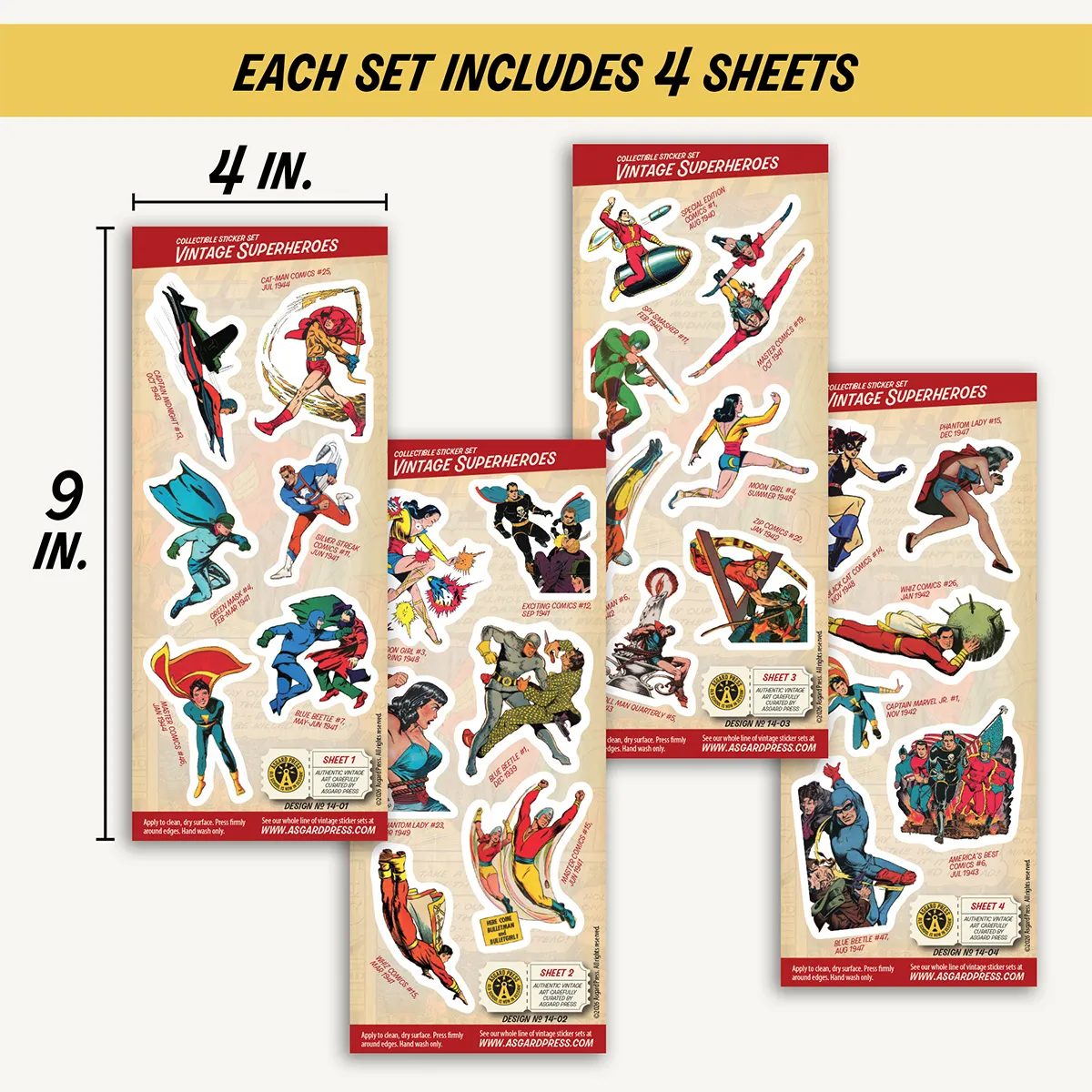 Four 4x9-inch sheets of Vintage Superheroes stickers