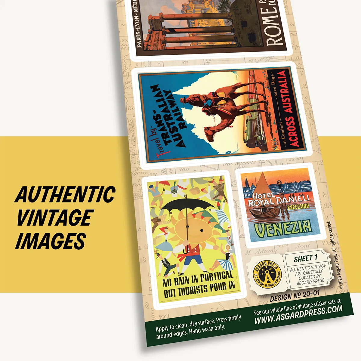 Graphic showing authentic vintage artwork of Vintage Travel Posters sticker sheet