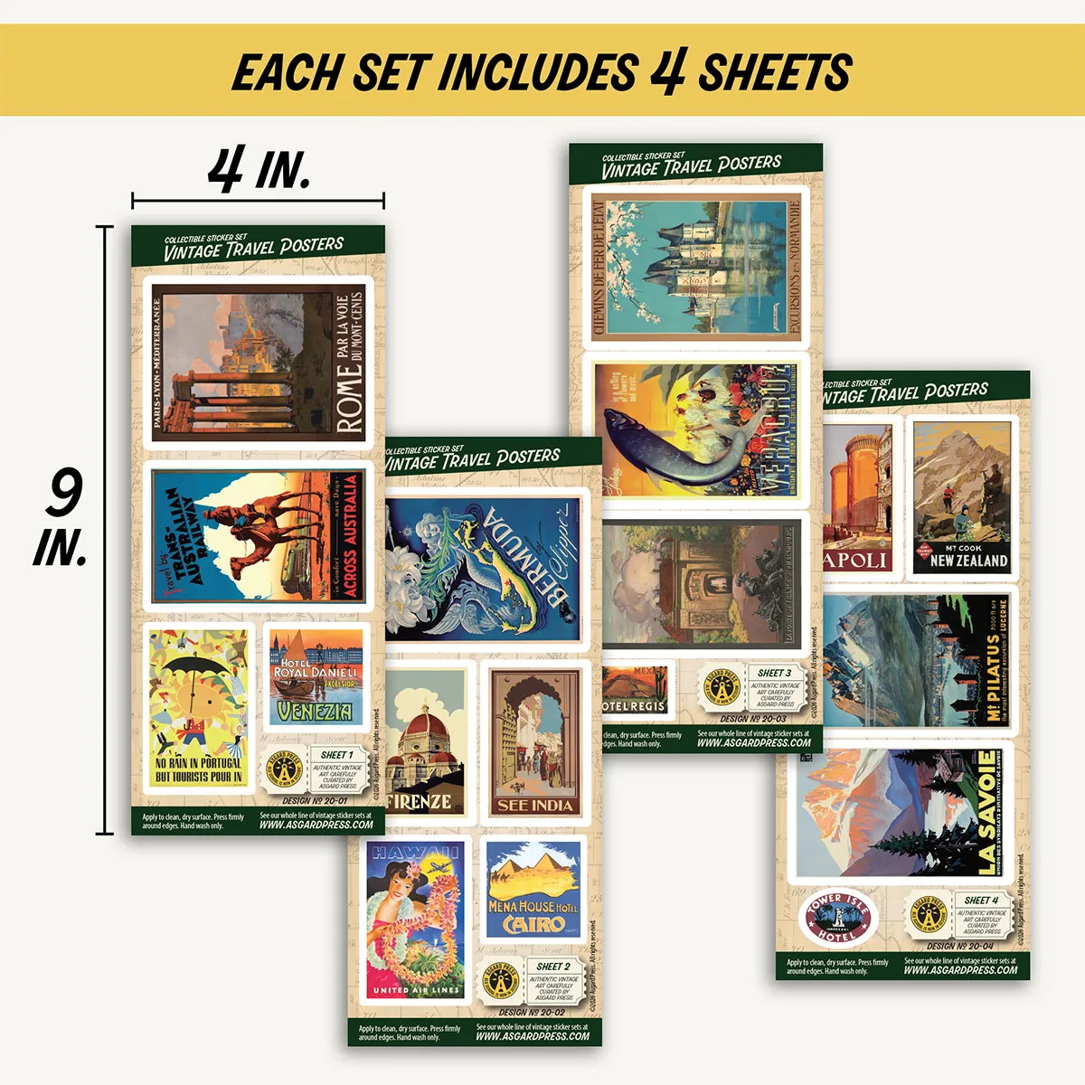 Four 4x9-inch sheets of Vintage Travel Posters stickers