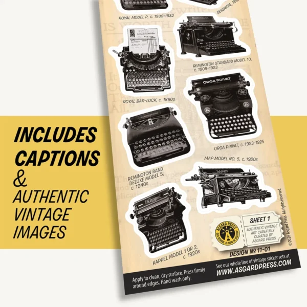 Graphic showing artwork of Vintage Typewriters sticker sheet and included captions