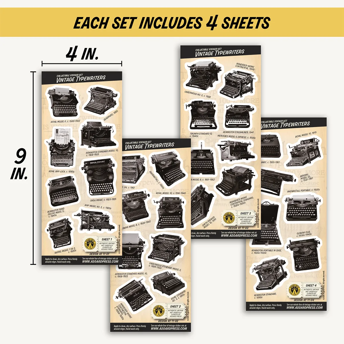 Four 4x9-inch sheets of Vintage Typewriters stickers