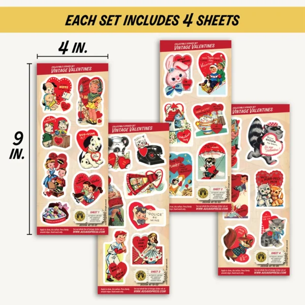 Four 4x9-inch sheets of Vintage Valentines stickers