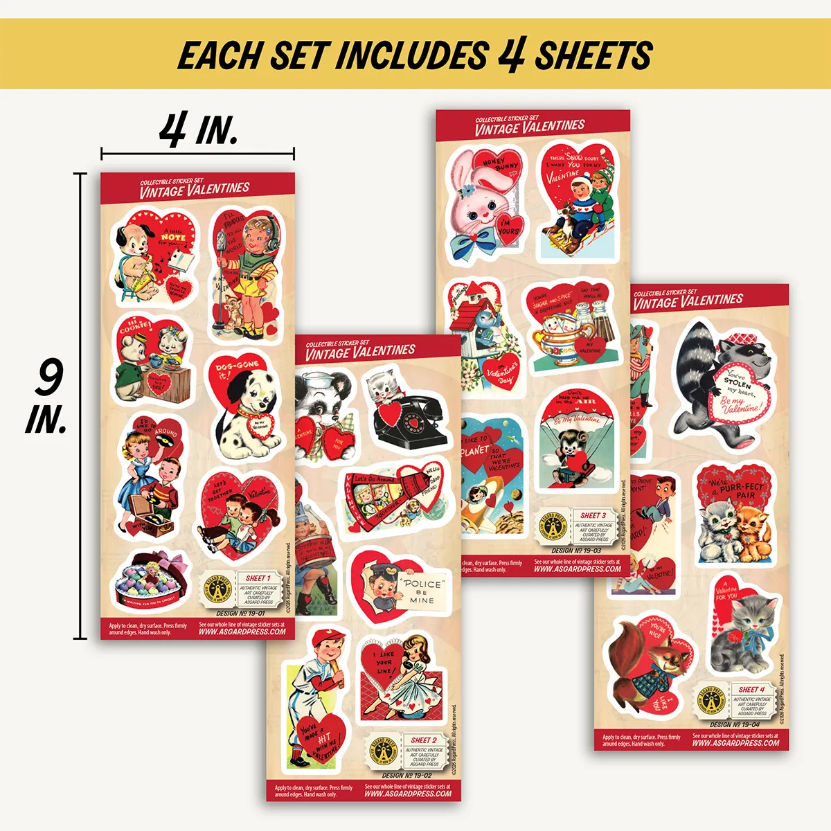 Four 4x9-inch sheets of Vintage Valentines stickers
