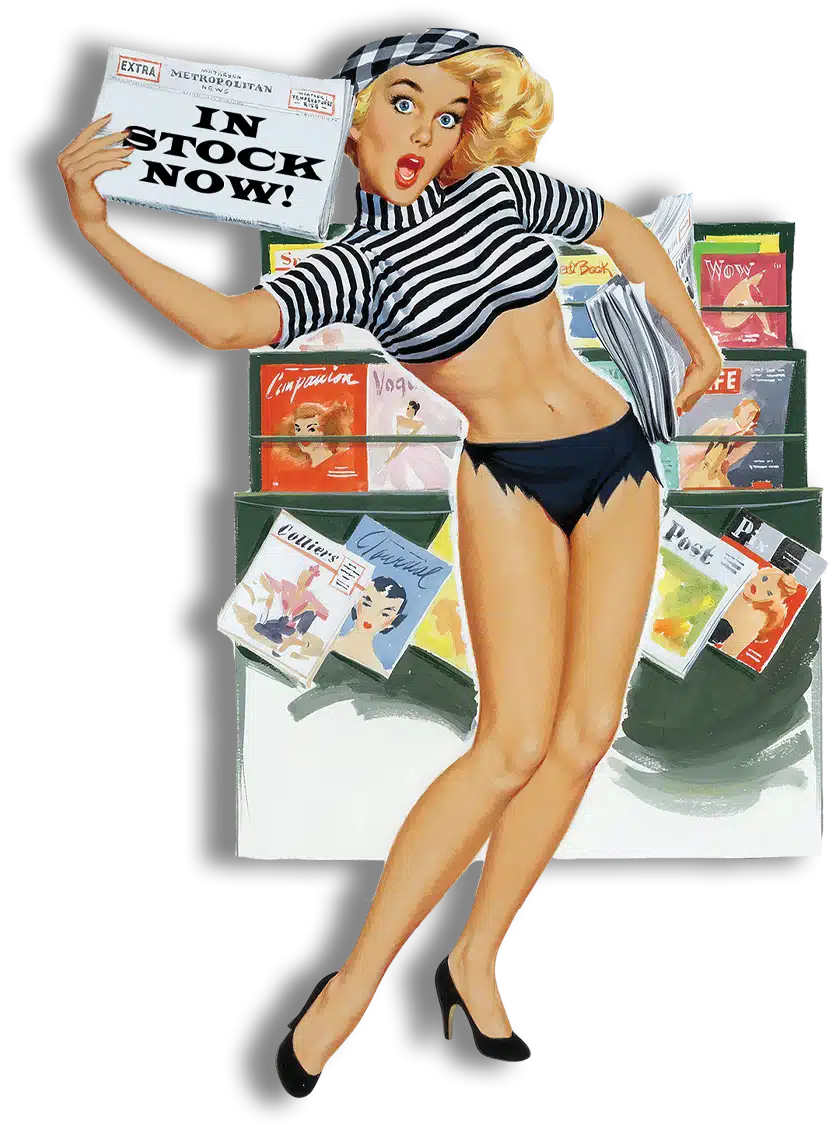 Mid-century illustration of a pinup news seller holding a newspaper that reads "In Stock Now!"