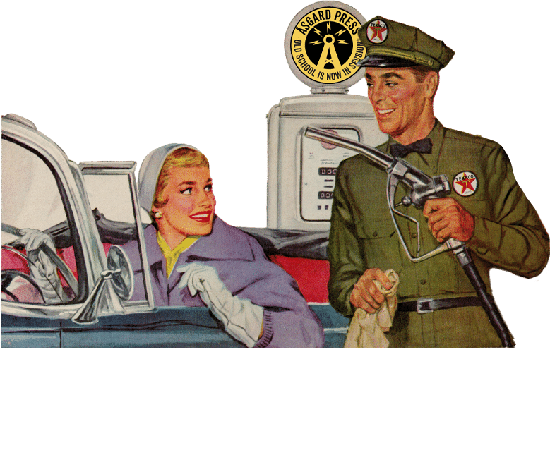 Mid-century illustration of a woman driving a 1950s car at a gas station with an attendant holding a gas pump nozzle.