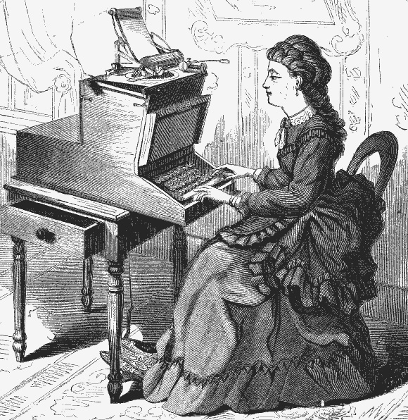 Engraving of a woman using a Sholes and Glidden Type-Writer, 1872.